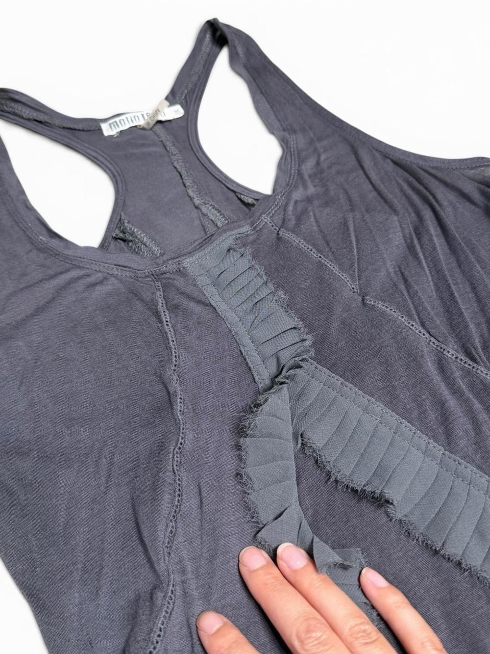 Avant Garde Style Mono Reno Grey Ruffle Front Racerback Tank Top - Picture 3 of 6